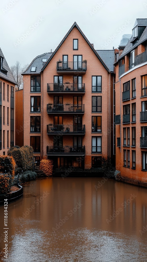 Naklejka premium Spiegelkanal Mirror Canal in Hamburg features calm brown waters with buildings lining both sides under a cloudy sky