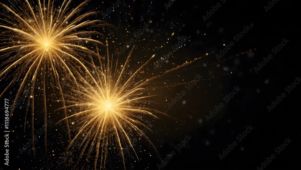 Two golden fireworks bursts against a black background.
Two golden fireworks bursts against a black background.