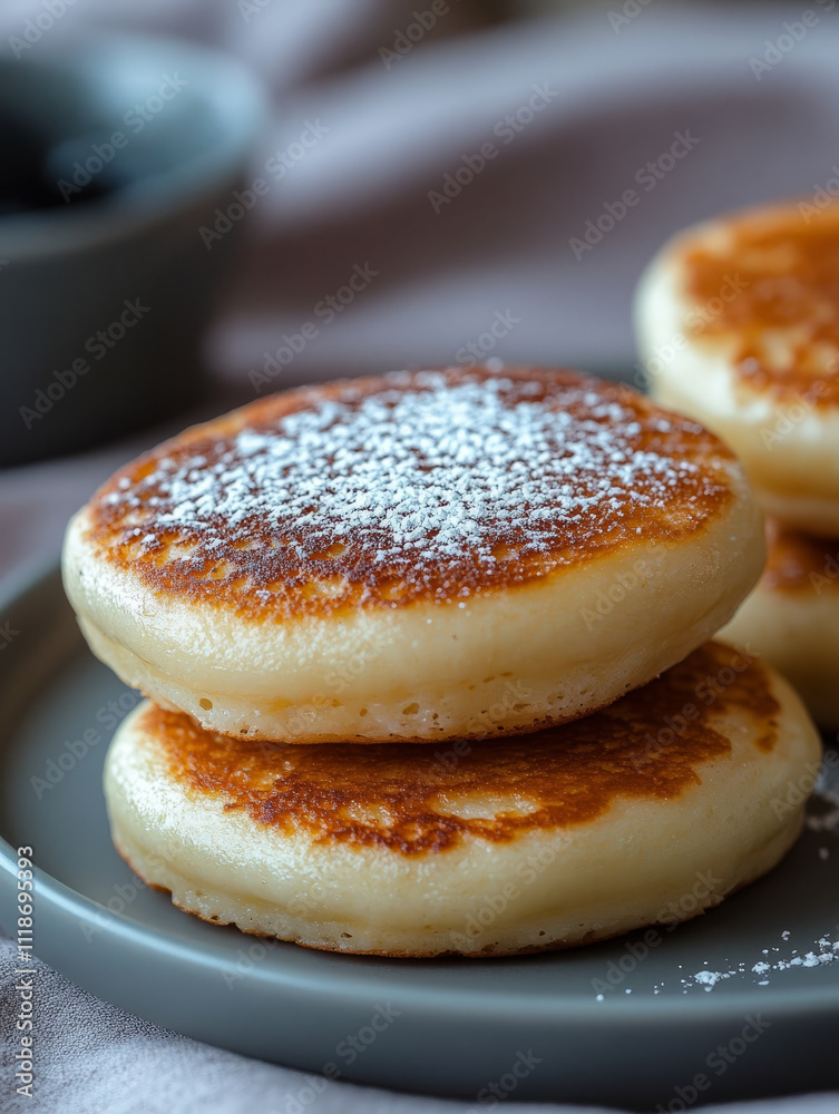 Fluffy pancakes with powdered sugar on a plate. Fluffy pancakes with powdered sugar on a plate.