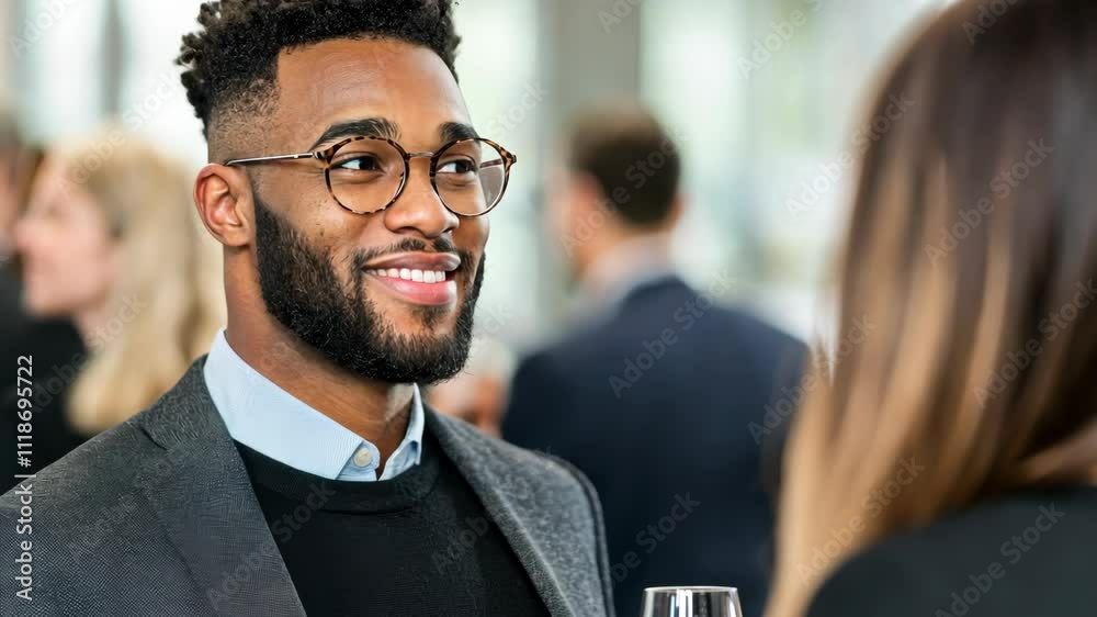 Businessman smiling during networking event