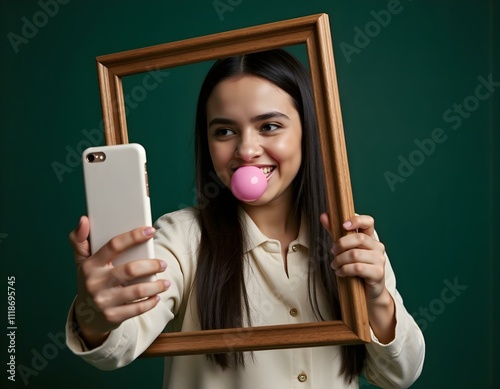 Portrait of pretty young girl, princess with bubble gum, holding picture frame and taking selfie with phone against dark green background. Concept of history, renaissance art, comparison of eras photo