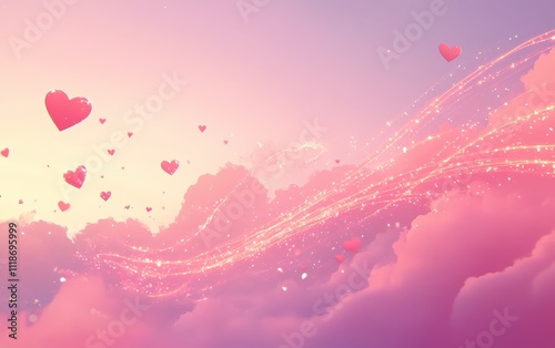 Flying red hearts with glittering surfaces and glowing trails, dynamic and romantic, set against a dreamy pink sky background with soft clouds