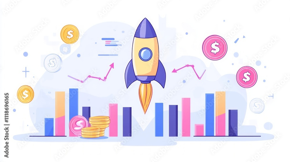 Rocket launching amidst rising bar graphs and coins, symbolizing business growth and financial success. Rocket launching amidst rising bar graphs and coins, symbolizing business growth and financial success.