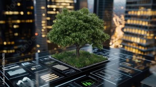 A vibrant green tree stands surrounded by glowing digital icons and data, symbolizing the blend of nature and technology in an urban nightscape photo