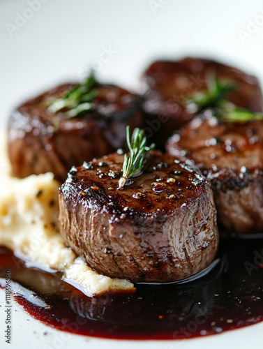 Filet mignon steaks with rosemary and sauce. photo