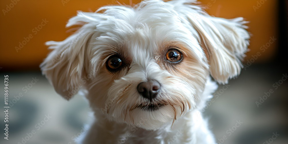 Fluffy White Dog with Brown Eyes in Indoor Setting Fluffy White Dog with Brown Eyes in Indoor Setting