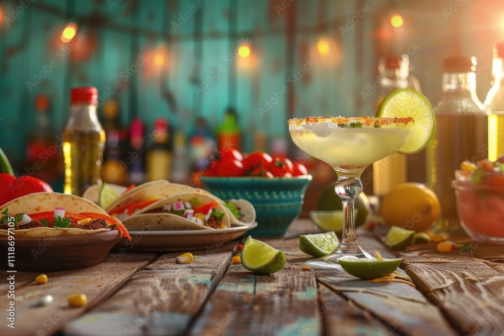 Obraz premium Cinco De Mayo Background with Margarita and Tacos