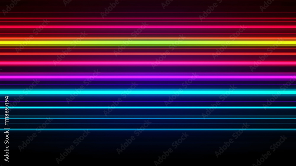 Vibrant, futuristic design featuring colorful glowing neon light horizontal lines against a dark background. Ideal for banners, posters, and modern digital art. Vibrant, futuristic design featuring colorful glowing neon light horizontal lines against a dark background. Ideal for banners, posters, and modern digital art.