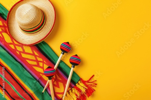 Cinco de Mayo carnival concept with sombrero and maracas. photo