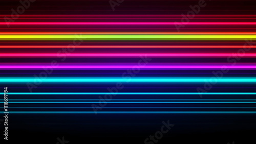 Vibrant, futuristic design featuring colorful glowing neon light horizontal lines against a dark background. Ideal for banners, posters, and modern digital art.