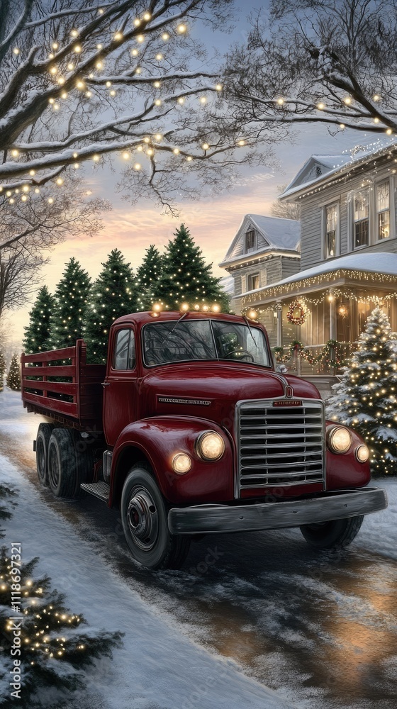 Obraz premium A vintage red truck is parked in a snowy town square, illuminated by festive lights from a large Christmas tree