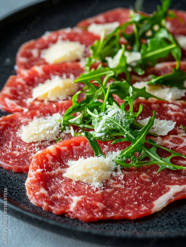 Beef carpaccio with parmesan and arugula on a plate. Beef carpaccio with parmesan and arugula on a plate.