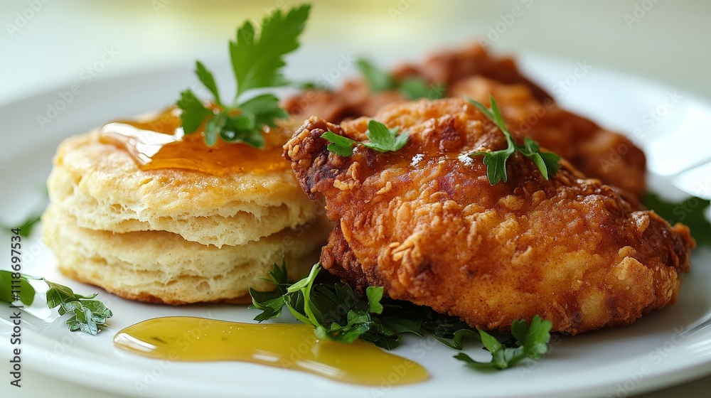 A plate featuring fried chicken, biscuits, and syrup garnished with parsley. A plate featuring fried chicken, biscuits, and syrup garnished with parsley.