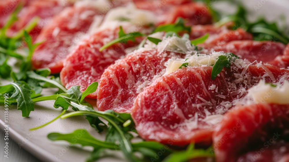 Sliced beef carpaccio with arugula and parmesan Sliced beef carpaccio with arugula and parmesan