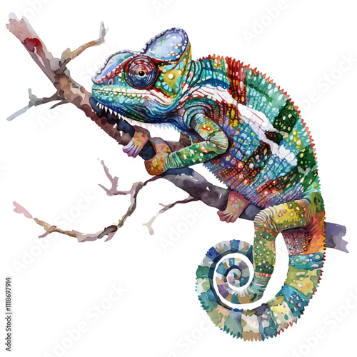 A watercolor drawing of a Chameleon, isolated on a white background. Chameleon vector.