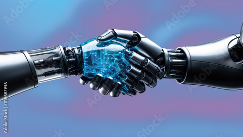 close up of a handshake between two cybernetic robots on an abstract light background