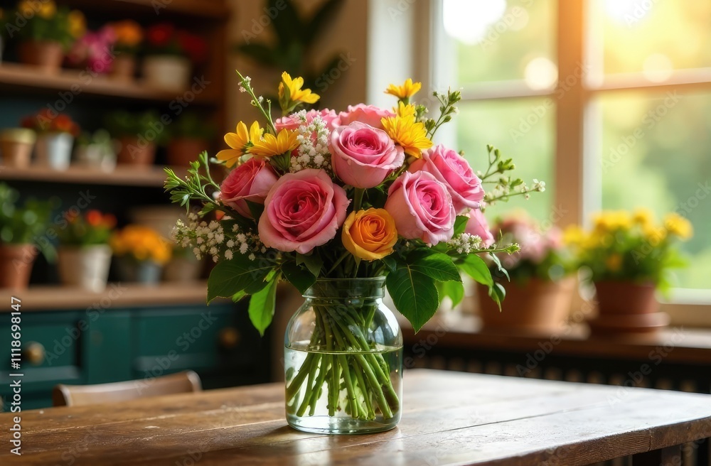 Fototapeta premium Roses in glass vase on wooden table. Fresh cut flowers for decoration home. Delivery flower.
