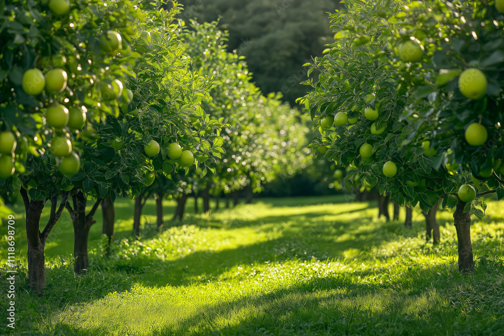 Rows of green apple trees in a sunlit orchard, with a lush grassy pathway leading through the peaceful landscape. Rows of green apple trees in a sunlit orchard, with a lush grassy pathway leading through the peaceful landscape.