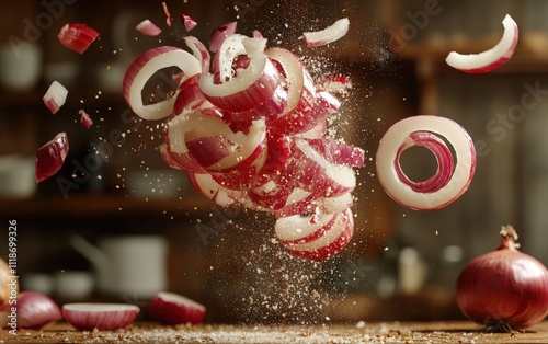 Onion Explosion Red and white onion rings flying mid-air with layers scattering, set against a rustic kitchen background