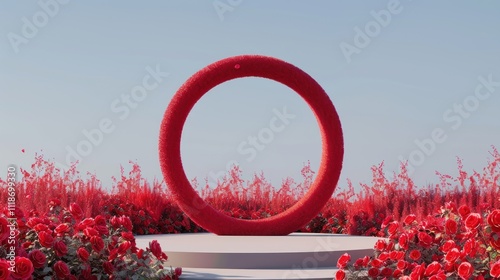 product podium with flowers and white clouds