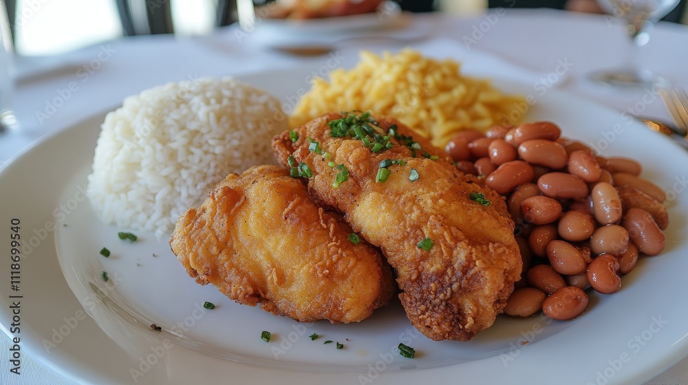 A plate featuring fried fish, rice, beans, and macaroni, showcasing a delicious meal. A plate featuring fried fish, rice, beans, and macaroni, showcasing a delicious meal.