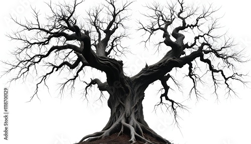 A twisted, gnarled tree with bare, twisted branches against a dark background, conveying a sense of age, decay, and a haunting, eerie atmosphere