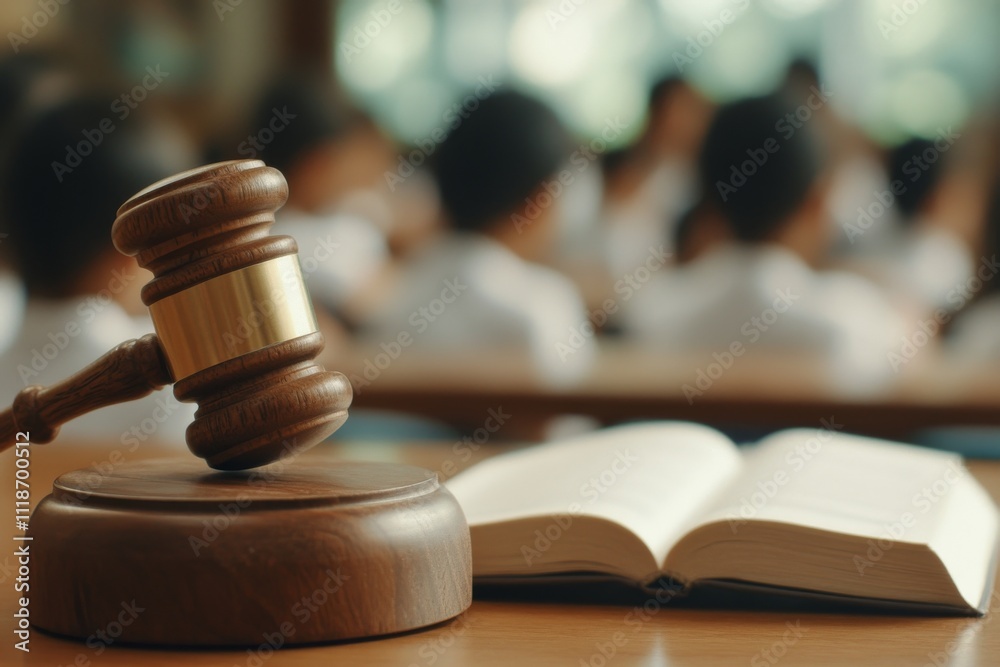 Classroom discussion on law concepts with a gavel and open book on the table Classroom discussion on law concepts with a gavel and open book on the table