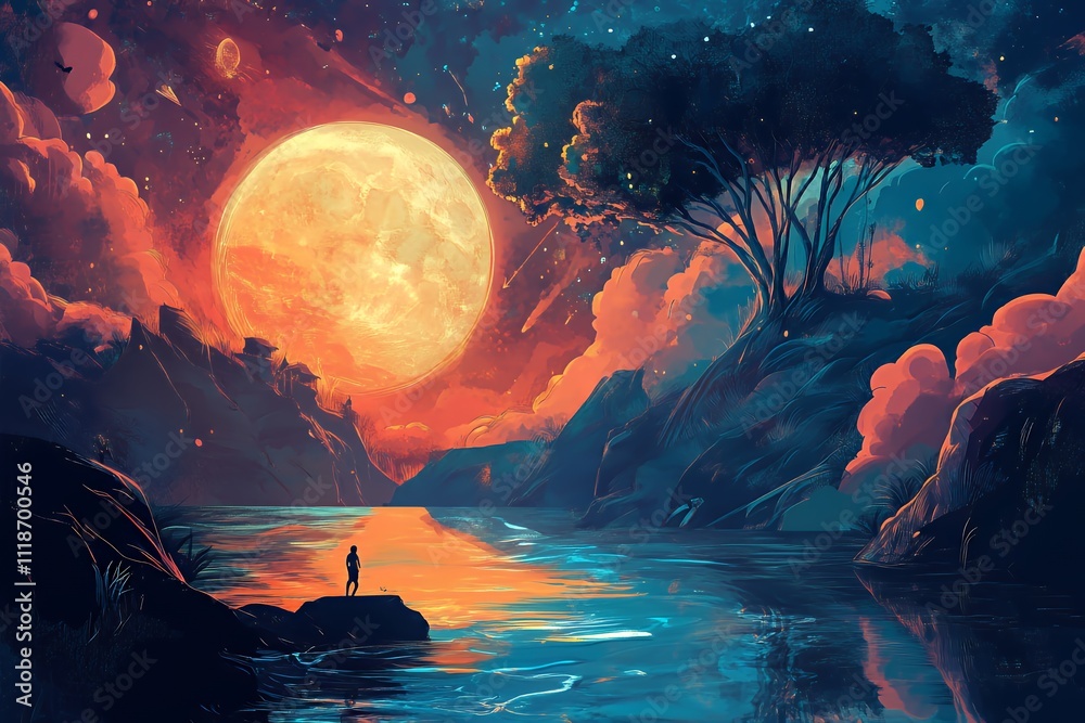 Obraz premium A vibrant landscape featuring a large moon, serene water, and dramatic clouds at sunset.