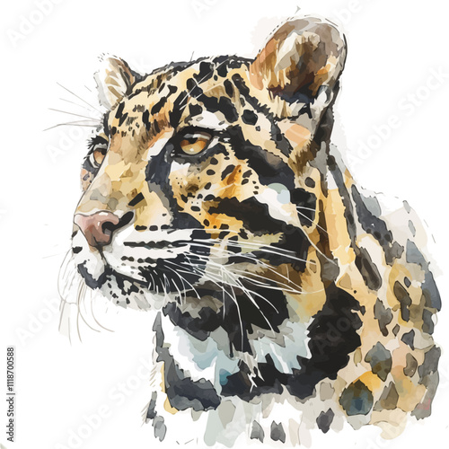 A watercolor of a Clouded Leopard, isolated on a white background. Clouded Leopard vector.