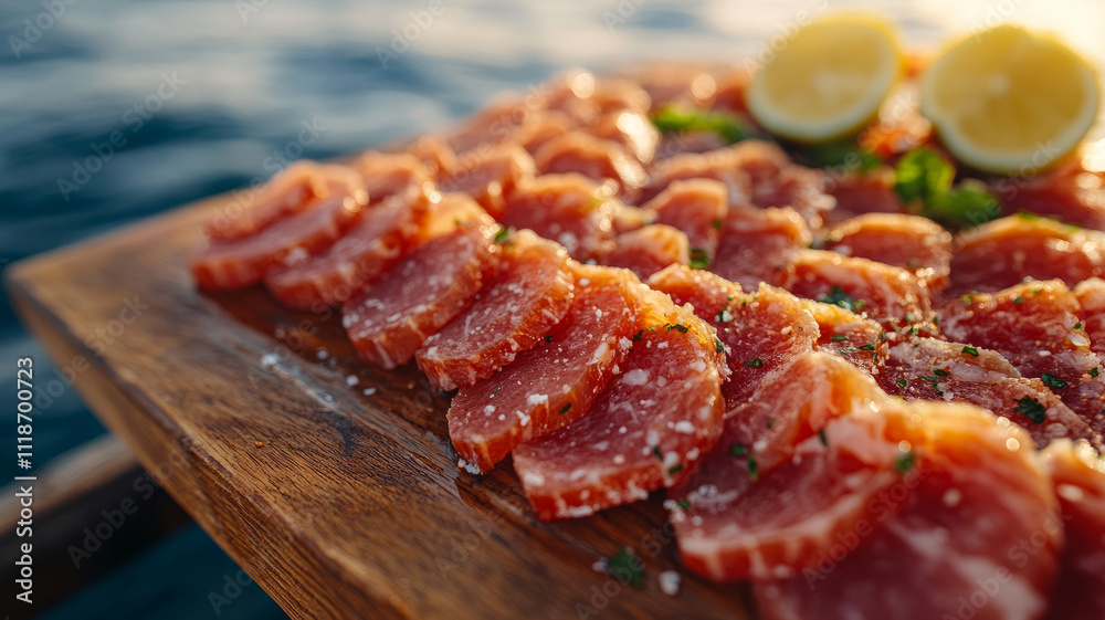 Sliced salami on a board Sliced salami on a board