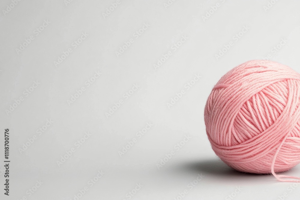 Soft pink yarn ball resting on a clean white surface in a cozy craft space