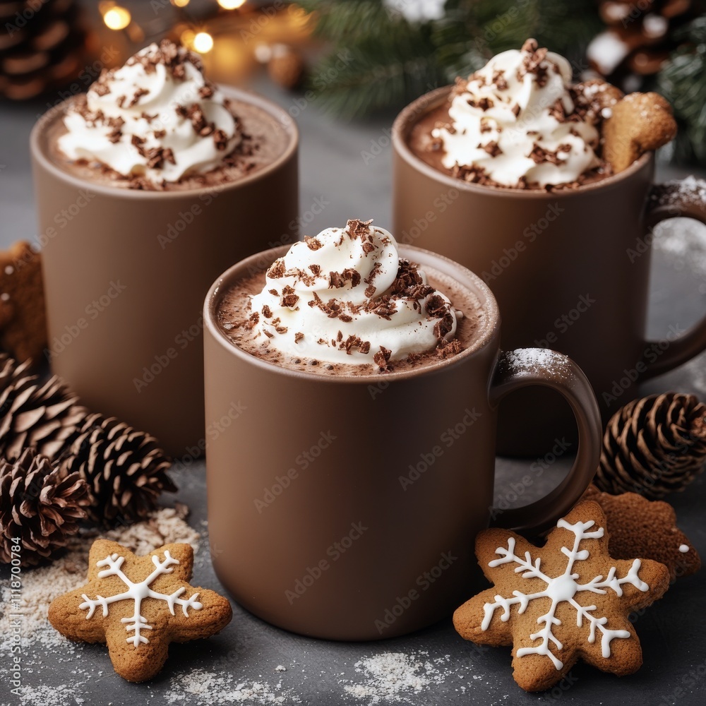 Warm holiday drinks with whipped cream and cookies in a cozy setting Warm holiday drinks with whipped cream and cookies in a cozy setting
