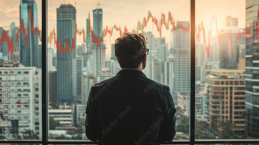 Businessman Analyzing Cityscape with Stock Market Graph Businessman Analyzing Cityscape with Stock Market Graph
