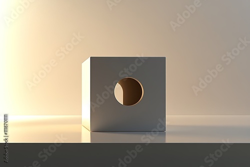 3d cube with keyhole cutout positioned on sleek white surface under diffused lighting photo