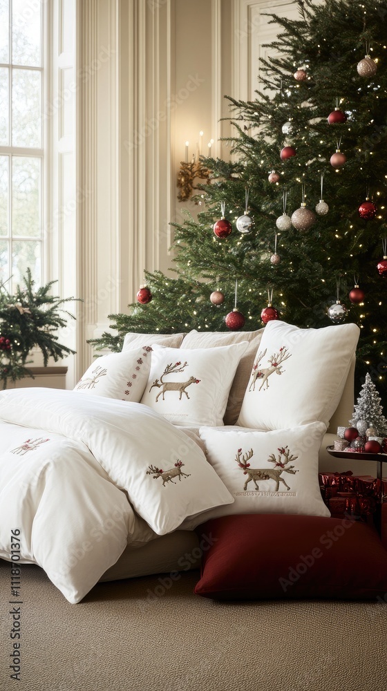 A beautifully decorated living room boasts a lush Christmas tree with lights and ornaments, alongside a white sofa with festive cushions, creating a warm atmosphere.