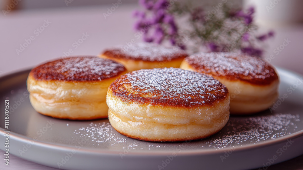 Fluffy pancakes with powdered sugar on a plate. Fluffy pancakes with powdered sugar on a plate.