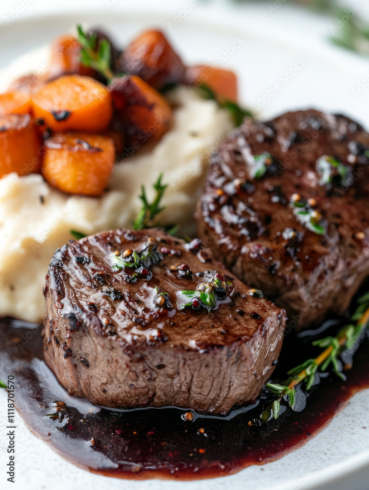 Steak with mashed potatoes and carrots on a plate Steak with mashed potatoes and carrots on a plate