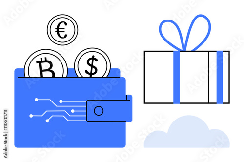 Digital wallet containing Bitcoin, Dollar, and Euro coins next to a gift box with a ribbon and a cloud. Ideal for finance, cryptocurrency, online shopping, gift cards, e-commerce, digital photo