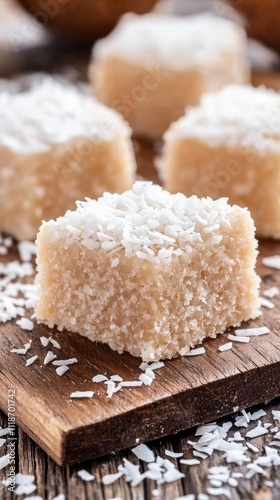 Coconut milk rice cakes arranged elegantly on a wooden board with fresh coconuts and rustic kitchen decor creating a warm ambiance