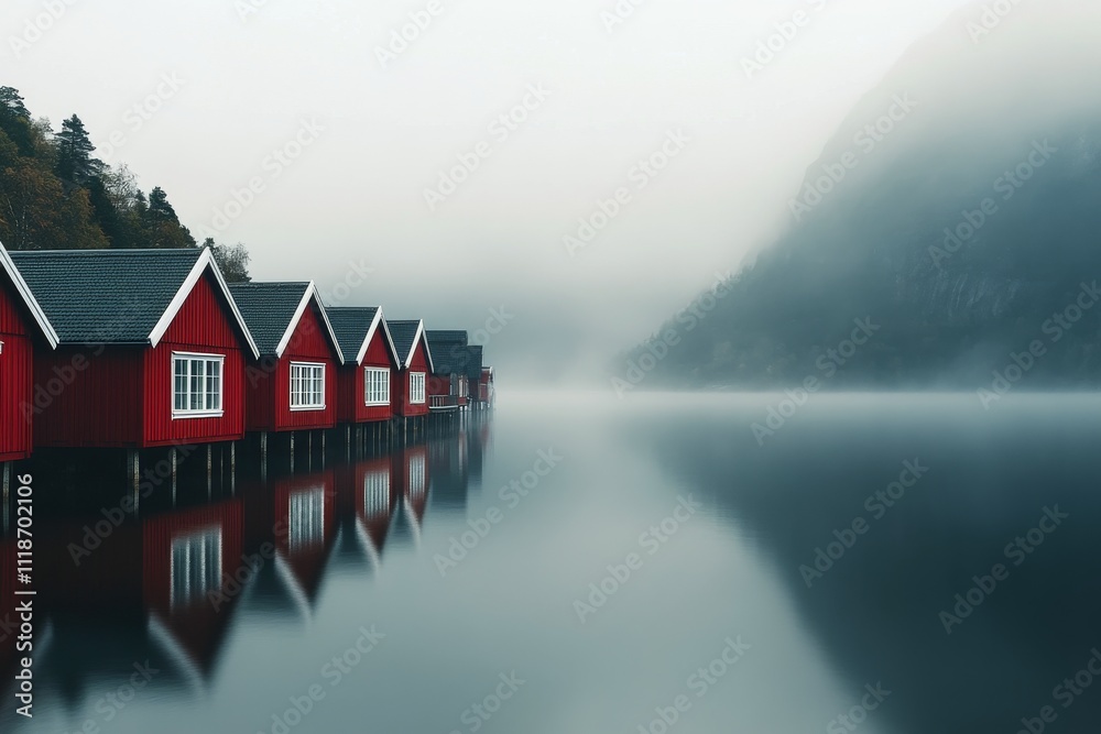 Fototapeta premium Beautiful red cabins reflected on calm water surrounded by fog in a tranquil setting