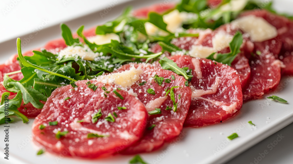 Carpaccio with arugula and parmesan on a white plate. Carpaccio with arugula and parmesan on a white plate.
