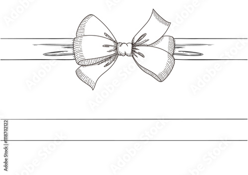 Set of long  bow and ribbon. Hand drawn vintage line art. Ink sketched vector illustration.