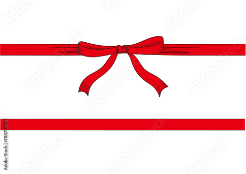 Vintage style decorated red long bow and ribbon. Hand drawn ink line art vector illustration.