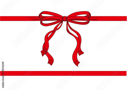 Vintage style decorated red long bow and ribbon. Hand drawn ink line art vector illustration.