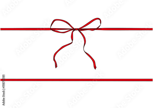 Vintage style decorated red long bow and ribbon. Hand drawn ink line art vector illustration. 