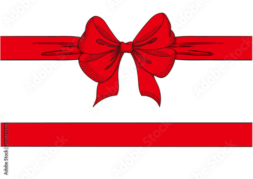 Vintage style decorated red long bow and ribbon. Hand drawn ink line art vector illustration.