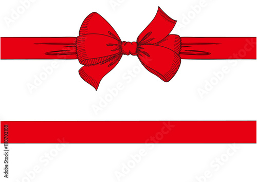 Vintage style decorated red long bow and ribbon. Hand drawn ink line art vector illustration.
