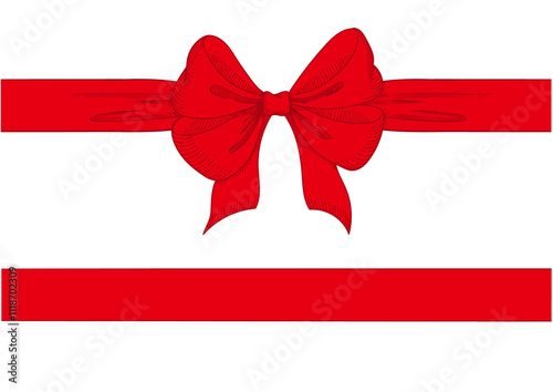 Vintage style decorated long red bow and ribbon. Hand drawn vintage line art vector illustration.