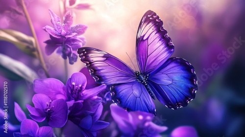 Purple butterfly on purple flowers in garden.