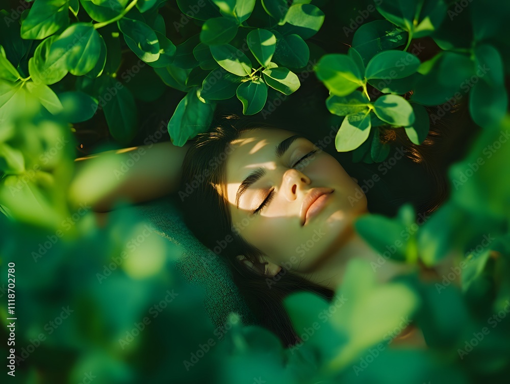 A woman laying on her back in a field of green plants A woman laying on her back in a field of green plants